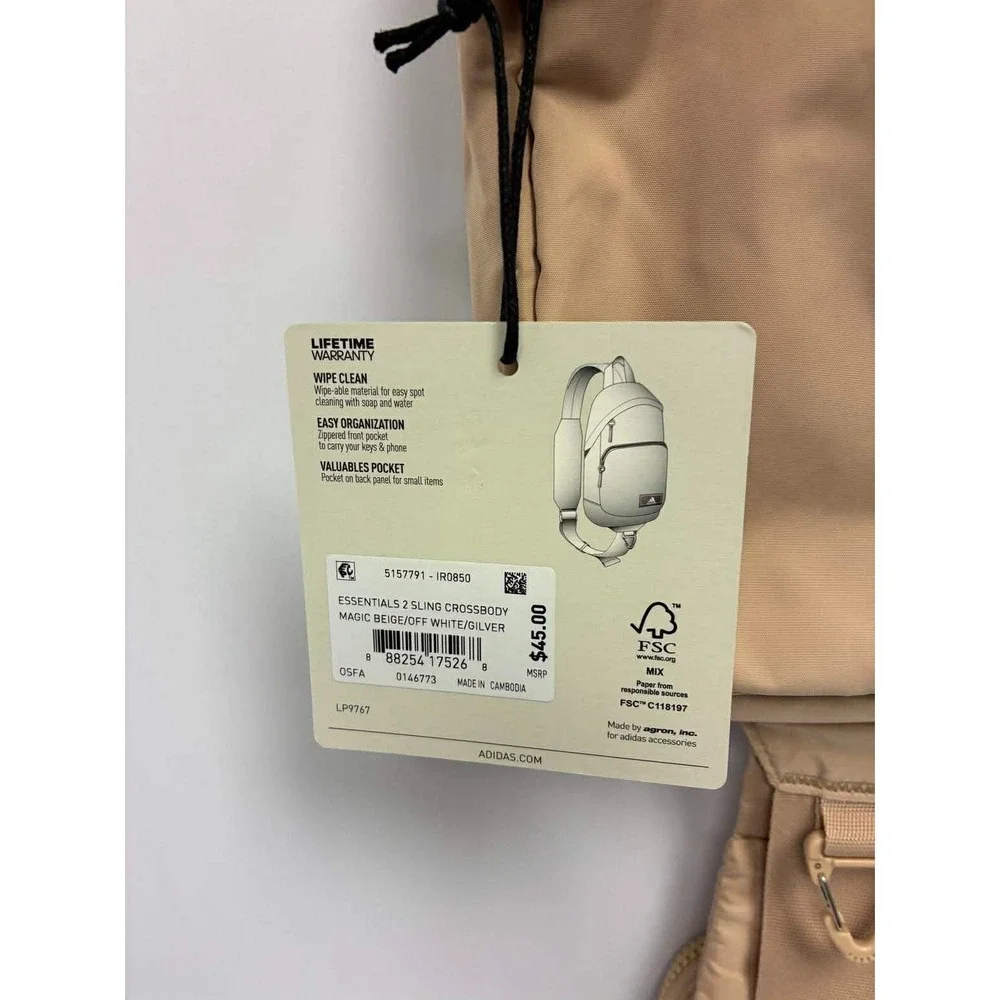 Adidas Essentials 2 Sling Crossbody Bag Backpack Magic Beige Off White Gilver